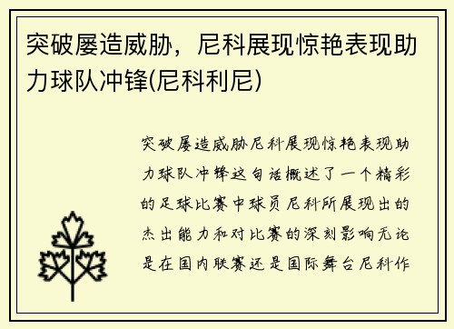 突破屡造威胁，尼科展现惊艳表现助力球队冲锋(尼科利尼)