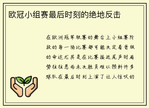 欧冠小组赛最后时刻的绝地反击