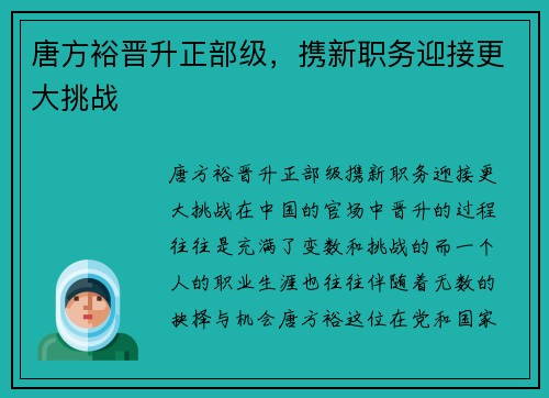 唐方裕晋升正部级，携新职务迎接更大挑战