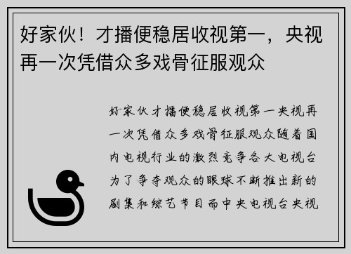 好家伙！才播便稳居收视第一，央视再一次凭借众多戏骨征服观众