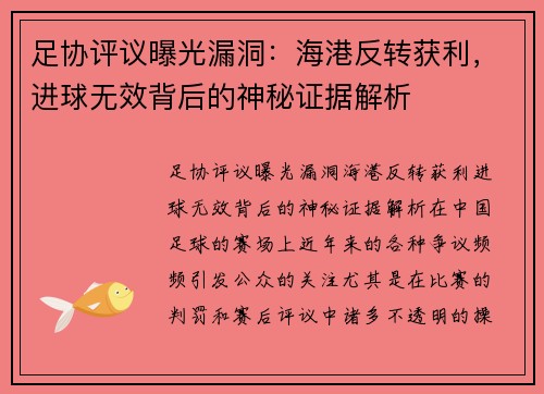 足协评议曝光漏洞：海港反转获利，进球无效背后的神秘证据解析