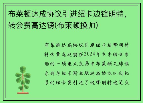布莱顿达成协议引进纽卡边锋明特，转会费高达镑(布莱顿换帅)